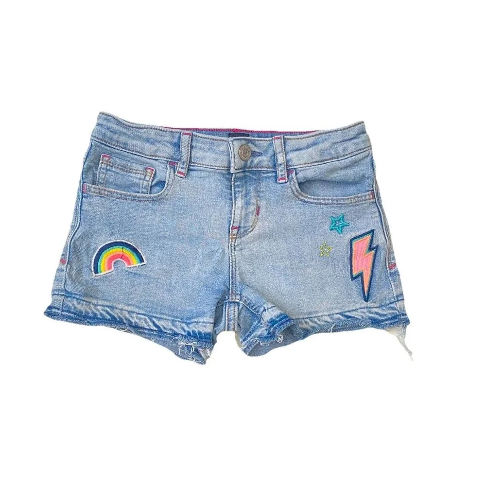 Gap Kids Girls Size 8 Embroidered Denim Shorts Y2K Patchwork Sun Rainbow